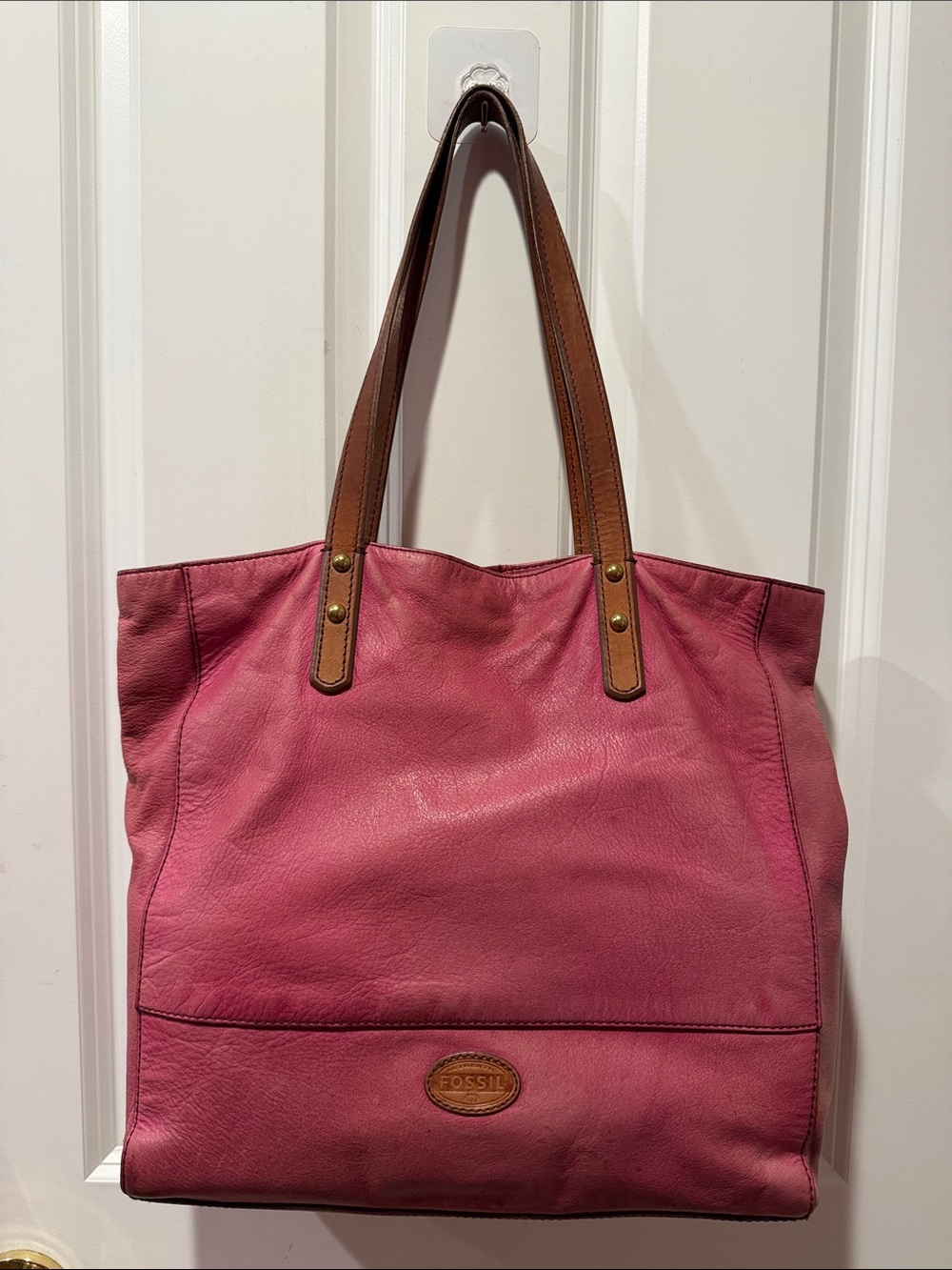 Fossil Vintage Rose Pink Leather Tote with Brown Straps